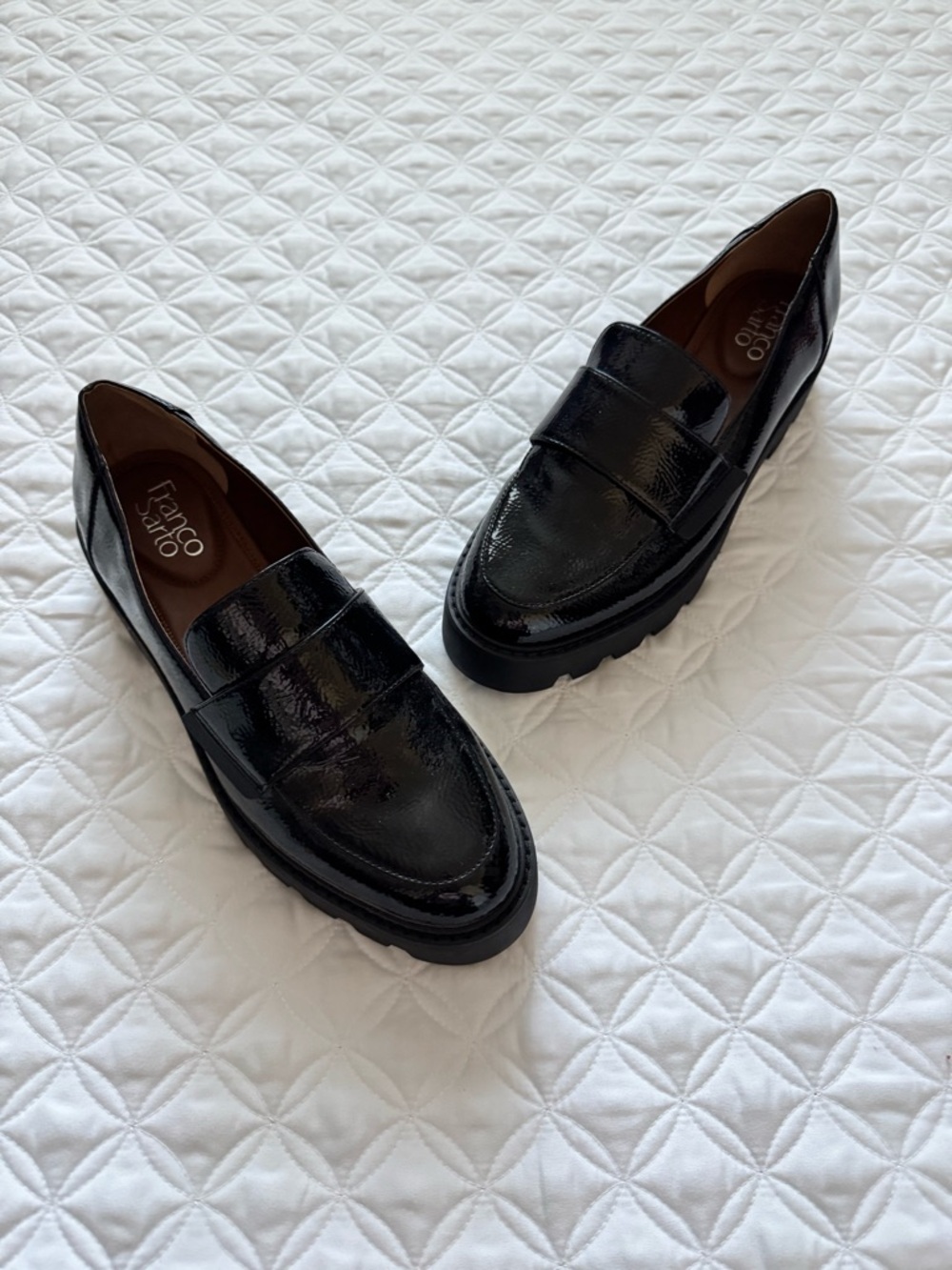 Franco Sarto Brindy Black Faux Patent Leather Lug Sole Chunky Penny Loafers Sz 8
